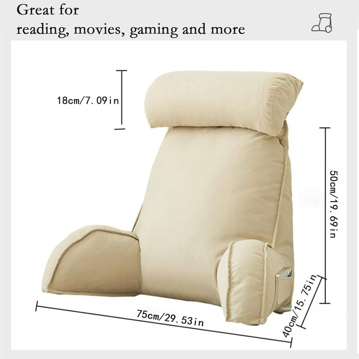 Підголовник для ліжка, велике крісло-мішок для читання з підлокітниками та знімним підголовником, для ліжка та дивана, 75x40x50 см