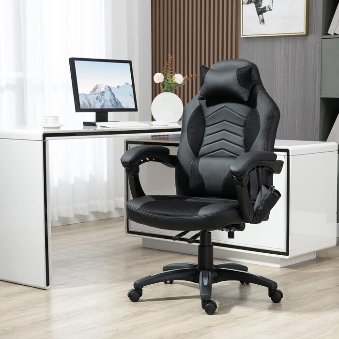 Офісне крісло HOMCOM Масажне крісло Функція масажу з 6 точками вібрації Ергономічне ігрове крісло з функцією нагрівання Штучна шкіра синій 68 x 69 x 108-117см (чорний)