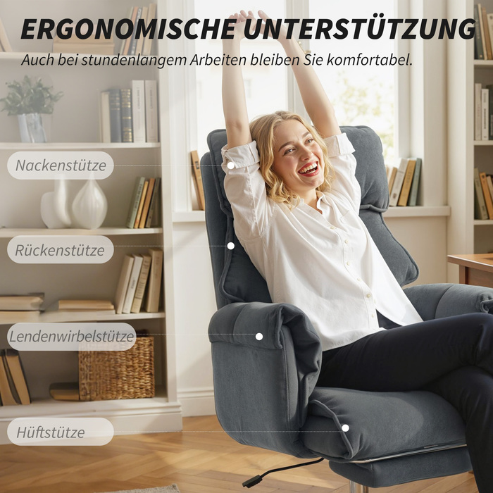 Офісний крісло з регулюванням висоти, поворотне з підтримкою попереку, підставкою для ніг, обтягнуте штучним хутром (штучним овчім), розміром 80 x 80 x 106-114 см, темно-сірого кольору.