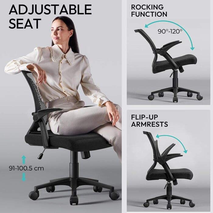 Офісний стілець Yaheetech ергономічний з сітчастою спинкою, регульований, з підлокітниками, для комп'ютера до 136 кг, чорний, з відкидними підлокітниками