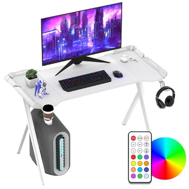 LED ігровий стіл YRHome з RGB-підсвічуванням, пультом дистанційного керування, тримачем для навушників та підставкою для напоїв. Білий, 120x60x75 см
