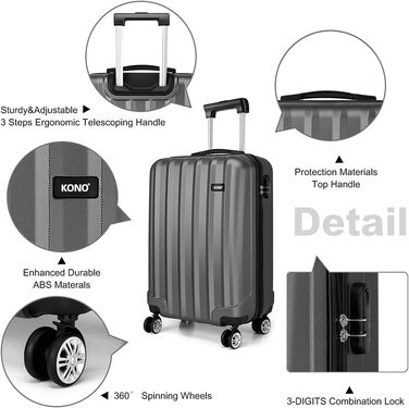 KONO Легкий ручний багаж, 55 x 35 x 20 см, жорсткий корпус, ABS, 4 колеса, сірий колір