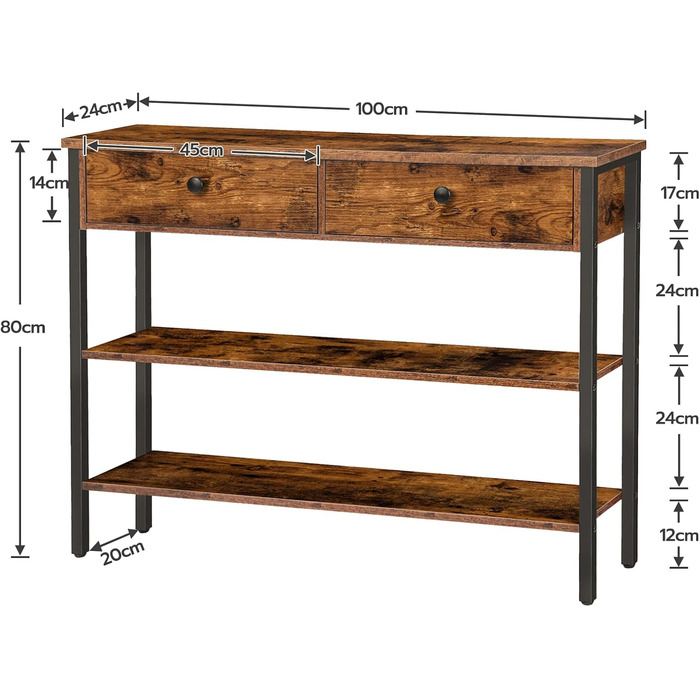 Консольний столик з ящиком і 2 полицями, 100x24x80 см, вінтажний коричнево-чорний, для передпокою/вітальні