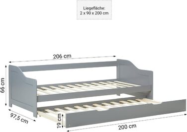 Висувне ліжко Homestyle4u 90x200 см з ящиком для зберігання, сірий дуб, каркас з сосни, ламелі, дитяче ліжко