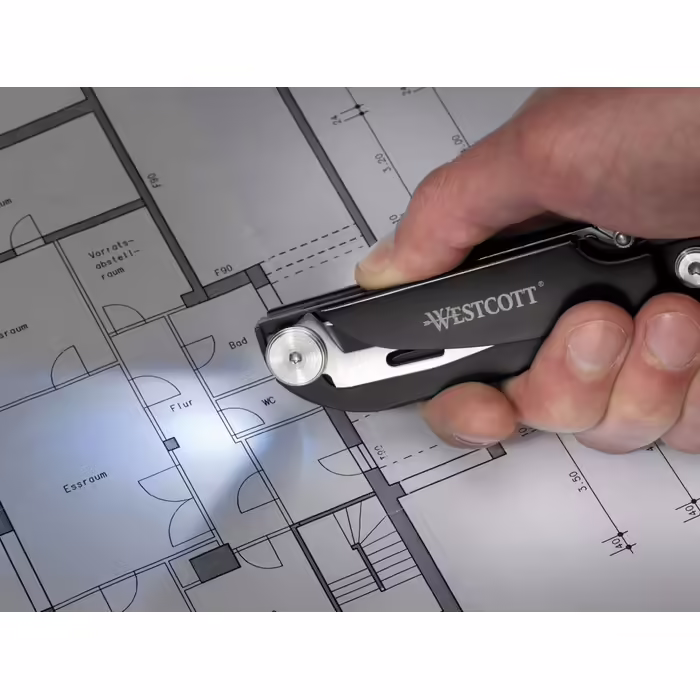 Westcott E-84034 Багатофункціональний ніж-мультитул з лезом Drop-Point 7,5 см, складаною пилкою 7,5 см, викруткою, LED-ліхтариком, лінійкою, металевою ручкою, чорний, 19 см