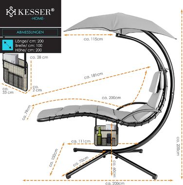 Кесер® Плаваюча лежанка з парасолькою, гамак-лежанка, сонячна лежанка H200, L194, B100 см, лежанка для відпочинку, гамак-шезлонг, до 120 кг, з подушкою для шиї, сумка в комплекті (Сірий)