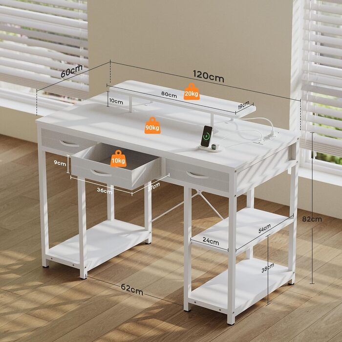 Комп'ютерний стіл Claiks з 3 шухлядами, 120 x 60 см, з полицею, 2 розетки та 2 USB-порти, для офісу та дому, білий