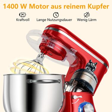 Кухонна машина AUMATE 1400W, 8 л, з міксером, гаком для тіста та вінчиком (червона)