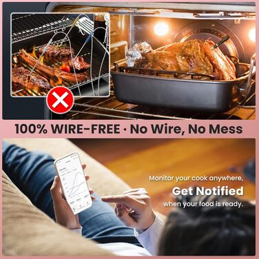 Бездротовий термометр для м'яса для гриля та копчення, 500FT, розумний датчик температури для BBQ, духовки, гриля, коптильні, Sous Vide (рожевий)