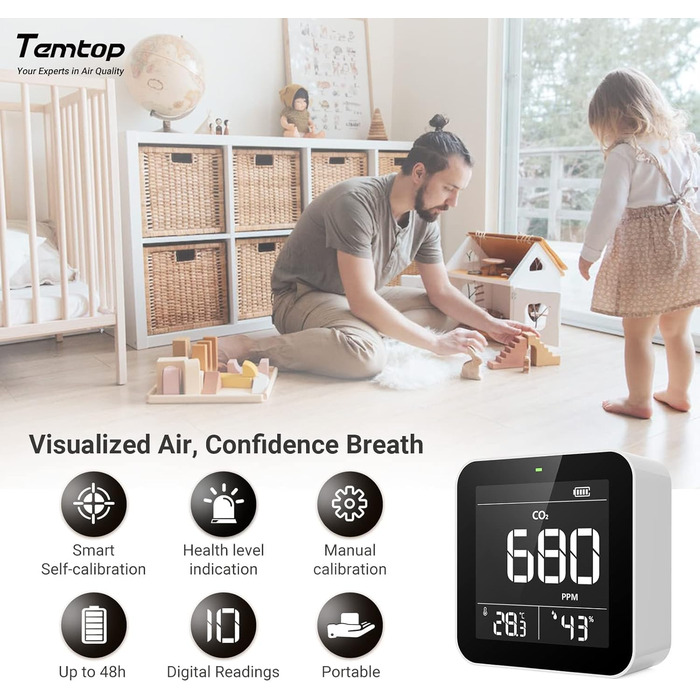 Temtop C10-2ND Монітор CO2 з Bluetooth, Wi-Fi, App, Температура та Вологість, для Дому та Офісу