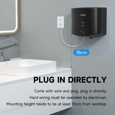 Anydry 2630S - Компактний електричний сушар для рук, автоматичний, настінний, для дому та бізнесу, чорний