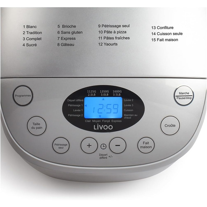 Хлібопекарня LIVOO DOP205W біла з цифровим дисплеєм та 15 програмами