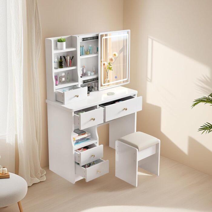 Дзеркальний туалетний столик DATO з LED-підсвічуванням, 3 колірні температури та регулюванням яскравості, з пуфом, 5 шухляд та 3 полиці, з розсувним дзеркалом (T68)