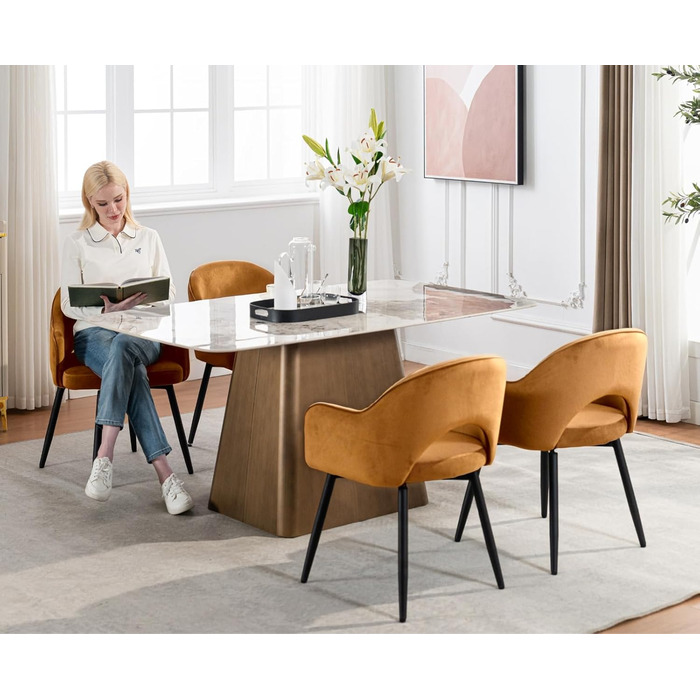 4 крісла з велюру для їдальні, обертаються на 360°, кухонні крісла з підлокітниками, м'які бічні крісла для дому, офісу, вітальні (жовті)