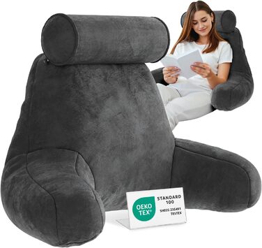 Подушка для спини ELONEO з підлокітниками – для ліжка та дивана. Зробить підтримку спини, голови та шиї більш комфортною (з роликом для шиї)