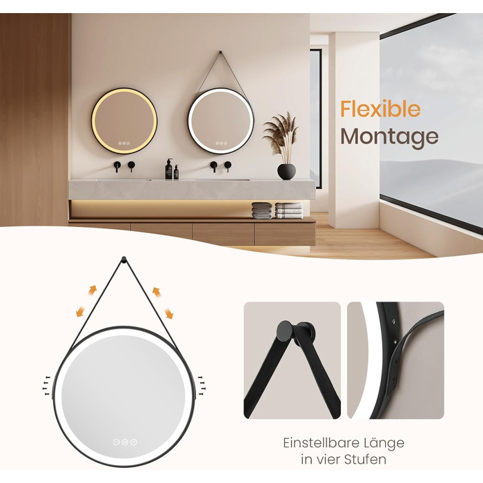 Круглий дзеркало для ванної кімнати EMKE з підсвічуванням 50см, регулювання кольору світла, антизапарник, пам'ять, сенсорне управління, таймер 3 години, енергозберігаючий