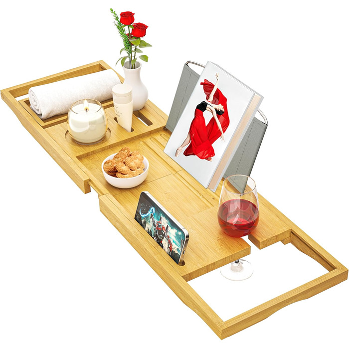 Висувна поличка для ванни - регульована доріжка для ванни. Неслизька поличка для ванни. Підходить для більшості ванн. Утримує книгу, iPad, телефон, склянку, свічку. Преміум-якість, натуральні матеріали.