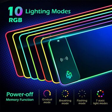 Ігрова мишка pad RGB з LED підсвічуванням та бездротовою зарядкою Qi 15W, чорний. Підходить для геймінгу, офісу та дому. Вологостійкий, з антиковзаючою поверхнею.