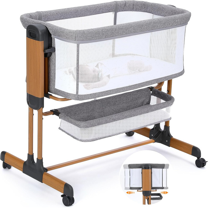 Дитяче ліжко-приліжкове 3 в 1 з м'яким матрацом, безпечне та універсальне, 7 положень по висоті, відкидна боковина з колесами для дому та подорожей