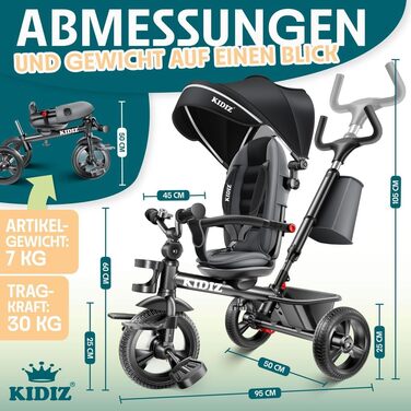 Триколісний велосипед KIDIZ 6-в-1 з ручкою, кошиком, сонцезахисним козирком до 25 кг (Чорний)