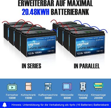 Літієва батарея UBETTER LiFePO4 100Ah Mini 12V, 4000 циклів, 10 років, 1280 Втгод, для автофургону, поза мережею