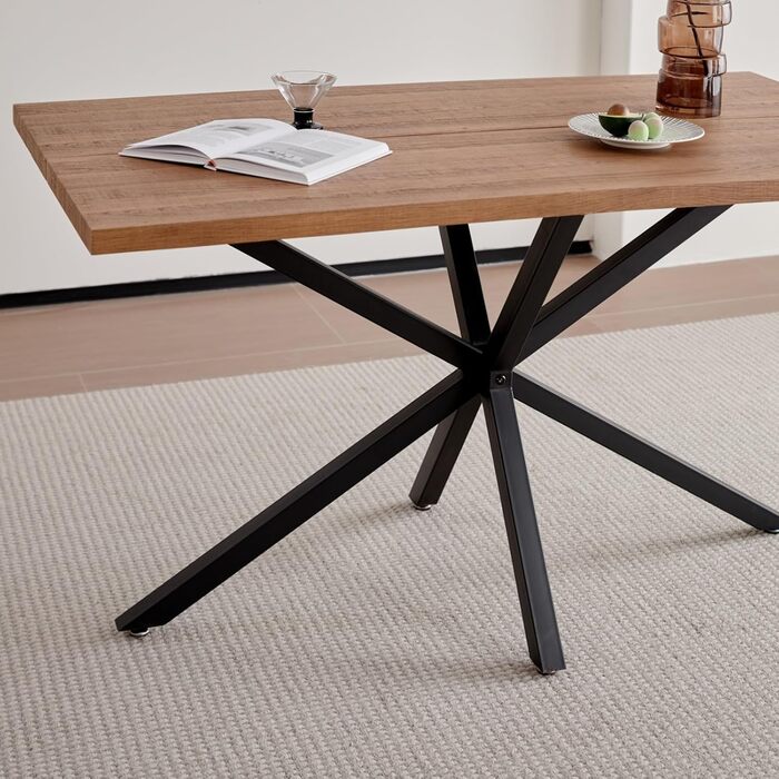Сучасний прямокутний стіл з МДФ-плитою та чорними металевими ніжками, для вітальні або кухні, 140x78x77 см, темний дуб, структура темного дуба