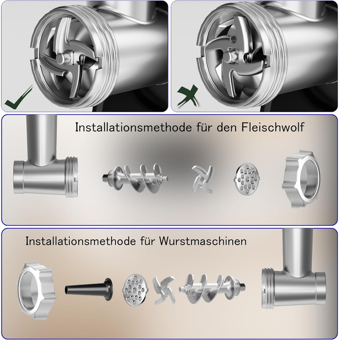 Електрична м'ясоподрібнювач STANEW 2500W з нержавіючої сталі [4-в-1] з 5 лезами (хвильовий ніж/різання/тертка) та подвійним мотором - для м'яса, овочів, зелені + насадка для ковбас та для вирізання печива
