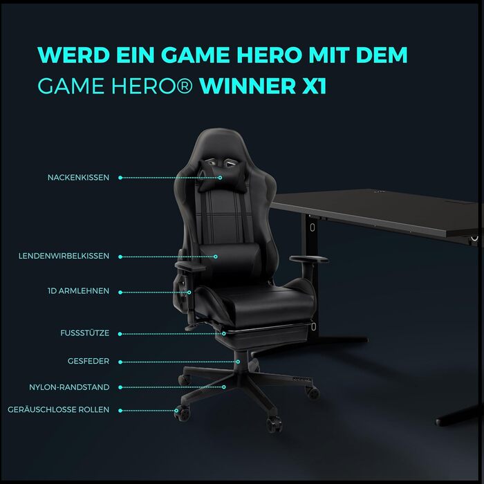 Ігрове крісло Game Hero Winner X1 з підставкою для ніг, функцією відкидання та регульованими по висоті підлокітниками - Офісне крісло преміум-класу Ергономічне письмове крісло для геймерів - З можливістю завантаження до 125 кг - Штучна шкіра - (Чорний)