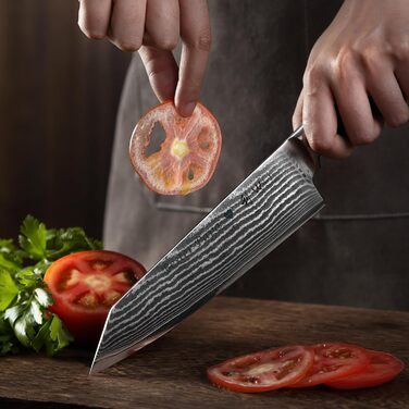 Японський ніж Wakoli EDIB Kiritsuke з дамаської сталі (серцевина VG10), 20 см – професійний ніж для кухні та приготування їжі, з ручкою з паккавуда, у подарунковій коробці з гравіюванням