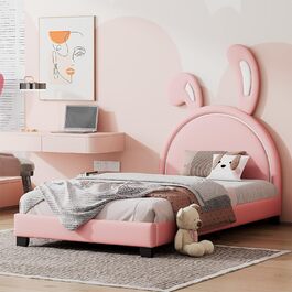 Ліжечко з м'якою оббивкою Merax 90 х 200 см, симпатичне односпальне ліжко зі спинкою у формі кролячого вуха та рейковими каркасами, ліжко для дівчинки з піднятими ніжками, каркас з дерева та чохла з імітації шкіри, рожево-рожевий 90 х 200 см