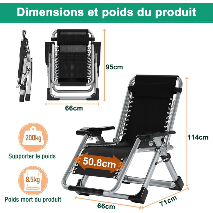 Шезлонг для відпочинку Klappbar, витримує до 200 кг, регульований, з підставкою для напоїв, широка, для саду, патіо, пляжу, басейну (Marineblau)