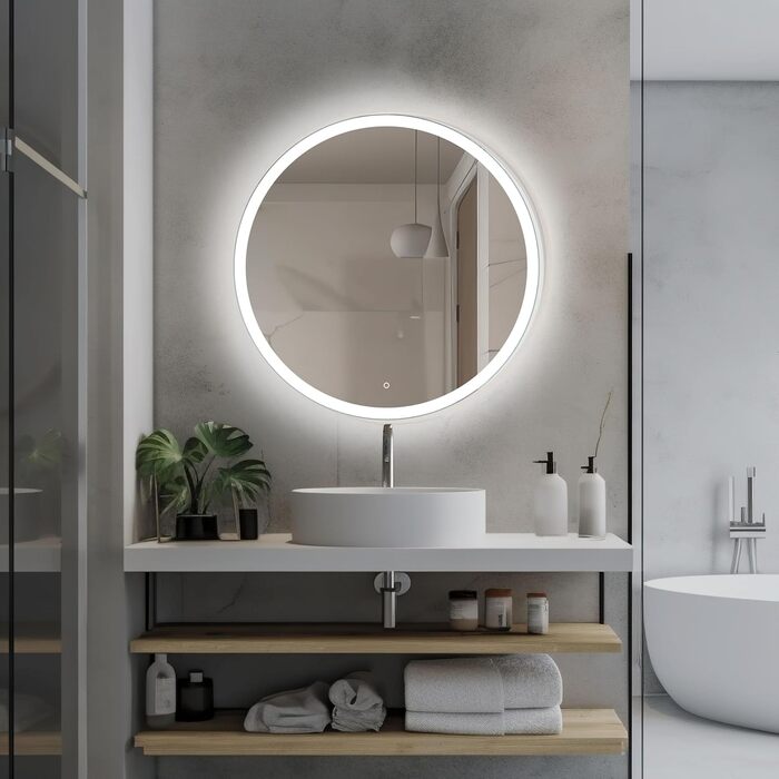 Дзеркало для ванної кімнати Venti 60 см з підсвічуванням, LED дзеркало для ванної, кругле настінне дзеркало з білим світлом, сенсорне керування (50x50 см)