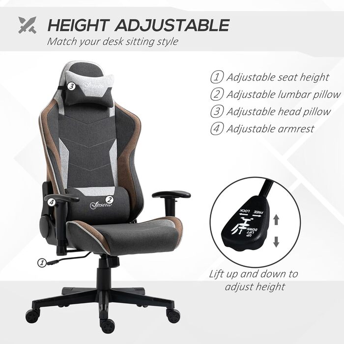 Крісло ігрове Vinsetto Ergonomic з регулюванням висоти, підголівником та підтримкою попереку, сірий