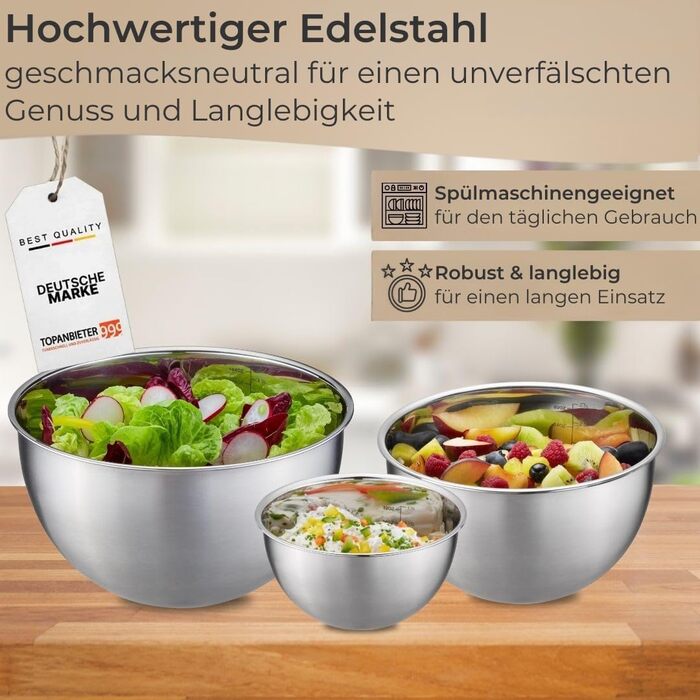 Набір мисок для змішування з нержавіючої сталі (6 шт.) з кришками, 1, 2, 4,5л, шкала, для зберігання, придатні для миття в посудомийній машині