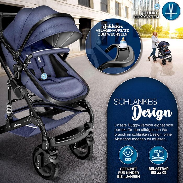 Дитяча коляска KIDUKU® 3 в 1 XXL Комплект | Комбінована коляска з люлькою, прогулянковим блоком та автокріслом | З підставкою для ніг, пеленальною сумкою, підстаканником, захистом від дощу, шинами з повним покриттям, відповідає стандарту ECE R129 (Синій /