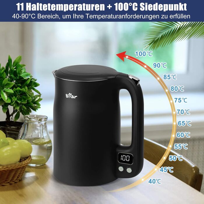 Електричний чайник Bear 1.7L з нержавіючої сталі 304, 11 температурних режимів, 1800W, захист від сухого кипіння, LCD дисплей, точне регулювання температури (40°C-100°C), BPA Free