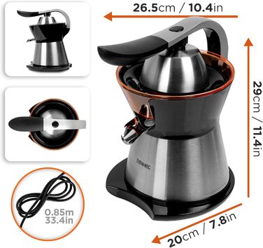 Електрична соковитискачка Duronic Saftpresse 600W - соковитискачка для цитрусових з нержавіючої сталі, 400мл, 2 конуси