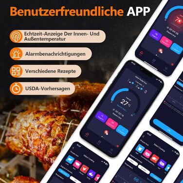 Бездротовий термометр для м'яса AIRMSEN з LCD-дисплеєм, водонепроникний (IPX8), для приготування на грилі, в духовці та BBQ, Bluetooth, 150м, керування через додаток, керамічна ручка, для гриля, духовки та BBQ, колір: дерево