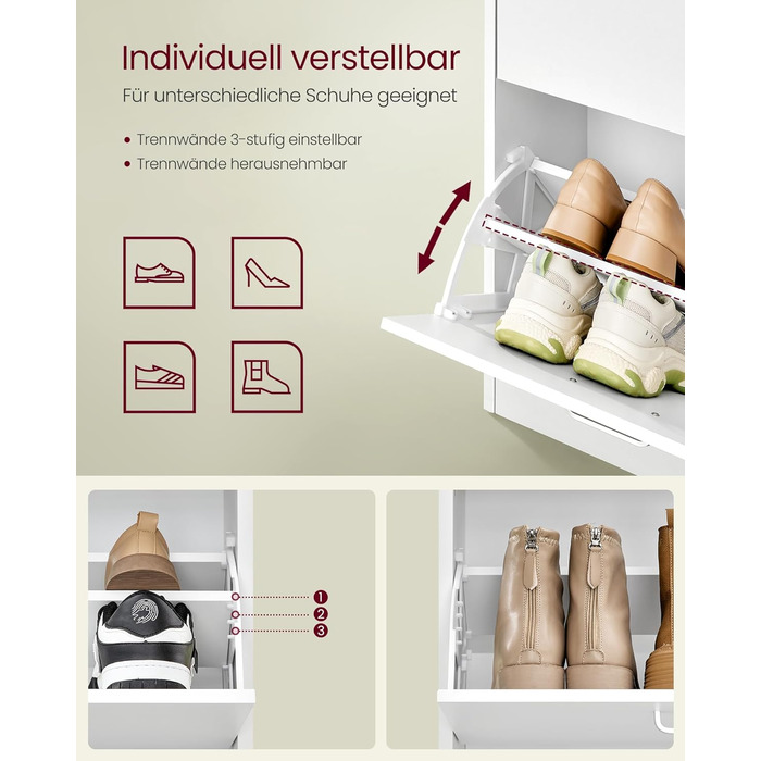 Шафа для взуття VASAGLE з 4-ма дверцятами, 16-28 пар, білий колір, регульована перегородка, 24 x 105,5 x 82,7 см