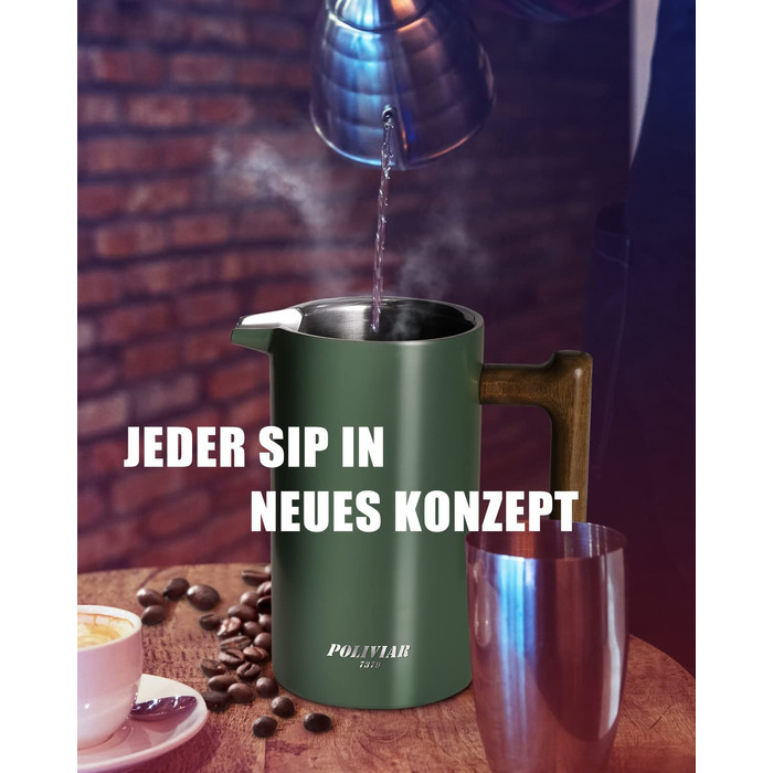 Кавоварка Poliviar French Press об'ємом 1 літр / 8 чашок, кавоварка з подвійними стінками і кавоварка з ізоляцією, ручний фільтр для кави