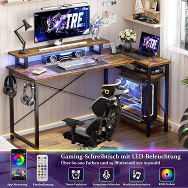 Кутовий ігровий стіл з LED-підсвіткою та розетками, 120x70 см, колір: сіра береза (рустикальний коричневий)