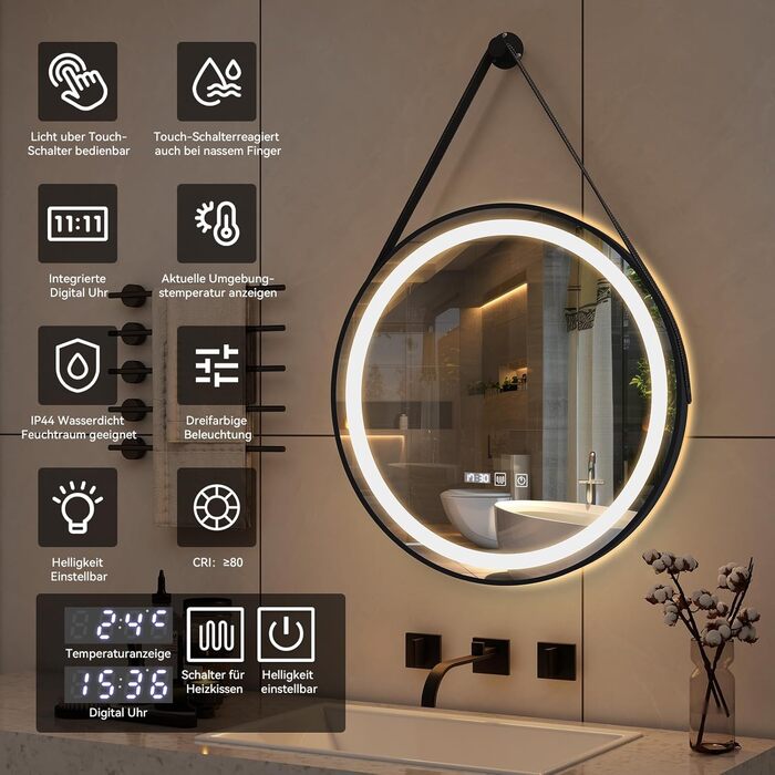 Дзеркало для ванної кімнати YOURLITE з підсвічуванням, 60 см, кругле, LED, 3 кольори, регулювання яскравості, сенсорний вимикач, антизапарник, пам'ять, IP44, чорний