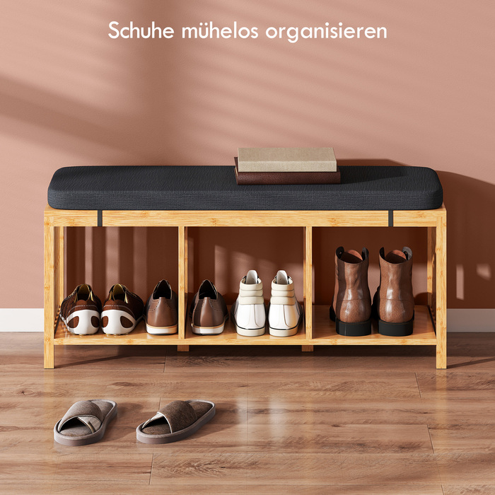 Взуттєва шафа з бамбука, банкетка для взуття з м'яким сидінням та відкритою полицею, з імітацією натурального дерева.