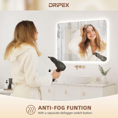 Дзеркало для ванної кімнати з LED підсвічуванням Dripex, сенсорне керування, регулювання яскравості, 3 кольори світла, антизапар, 80x80 см