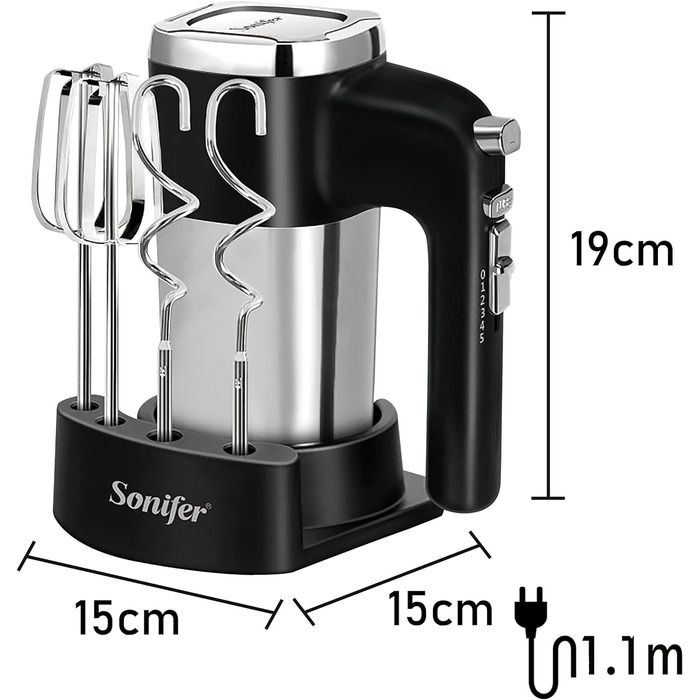 Ручний міксер Sonifer 500W з нержавіючої сталі, 5 швидкостей + турбо, 2 гачки для тіста, 2 вінчики, миється в посудомийній машині