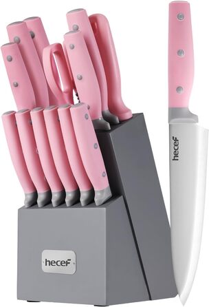 Набір ножів Hecef 14 предметів з дерев'яним блоком, професійний набір кухонних ножів з нержавіючої сталі, з ножицями, ножем для стейка та точилкою (рожевий)