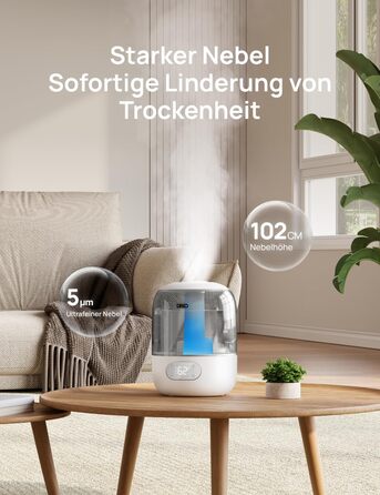 Зволожувач повітря Dreo для спальні, ультразвуковий холодний туман, 30 годин роботи, 3л резервуар, датчик вологості, нічник для дітей, кімнатних рослин та дому (Сірий)