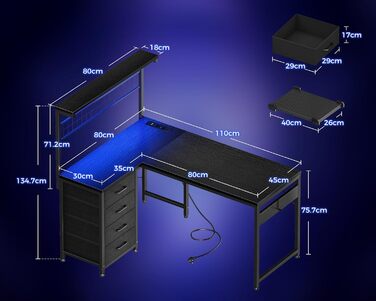 Ігровий стіл Coleshome з LED підсвічуванням, 110x80 см. Стіл з шухлядами та розетками, кутовий стіл з полицею та місцем для зберігання. Чорний колір.