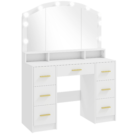 Туалетний столик з 10 LED-лампами в стилі Голлівуд, дзеркалом, 7 висувними ящиками, 3 відділеннями, МДФ, білий