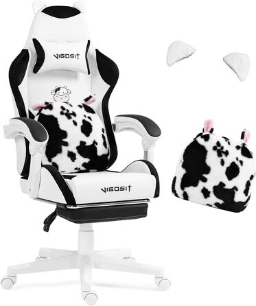 Ігровий крісло з милою формою та подушкою Каваї, ергономічний комп'ютерний ігровий стілець для дівчат з підтримкою попереку та підставкою для ніг, зручне відкидне крісло для підлітків (чорно-білий)